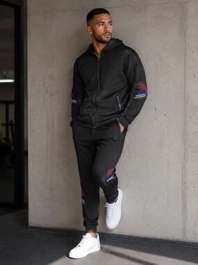 Men's L Large Black Zip Hoodie & Medium M Jogger Set & Red-Blue Stripe Accents
